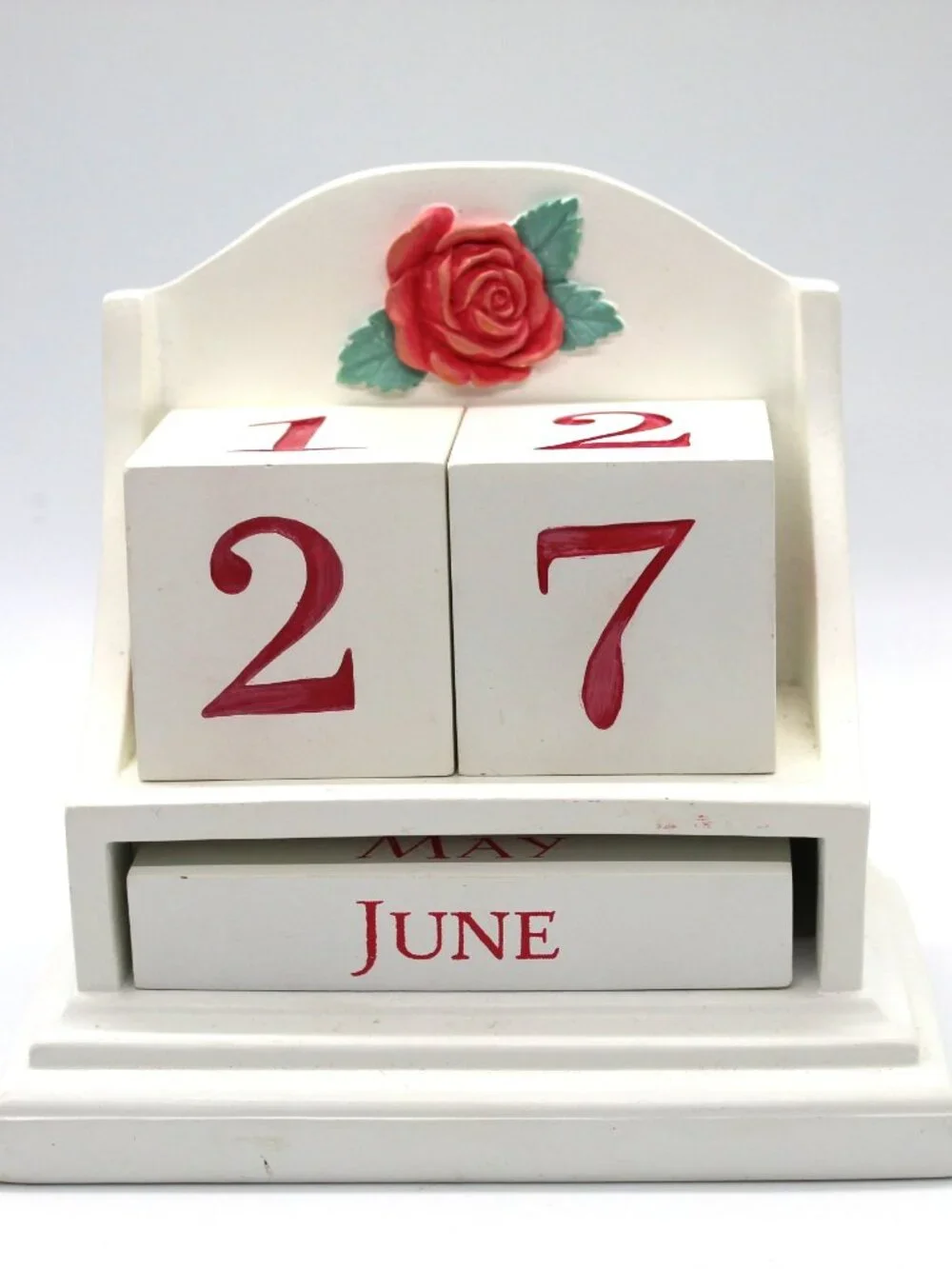 Hallmark Perpetual Desk Calendar White Wood Block With Red Rose Heavy Duty Vtg